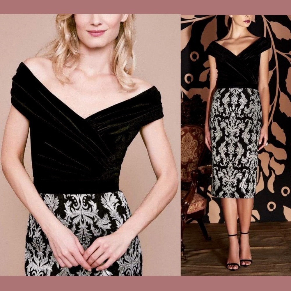NWT $308‎ Tadashi Shoji Off Shoulder Printed Velvet Cocktail Dress [SZ 10 ]